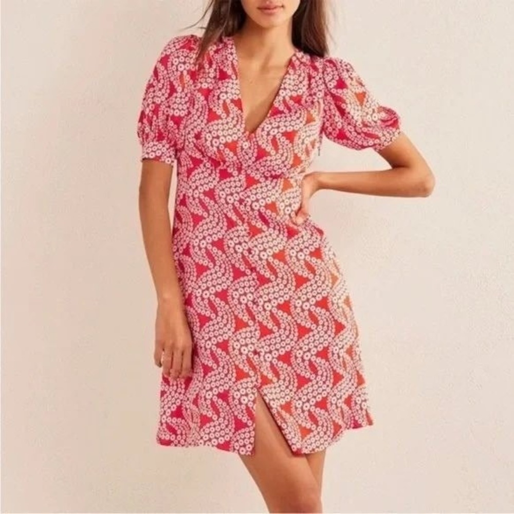 BODEN Women's Satin Tea Dress, Red & White Floral Pattern, Puff Sleeves, Size 10